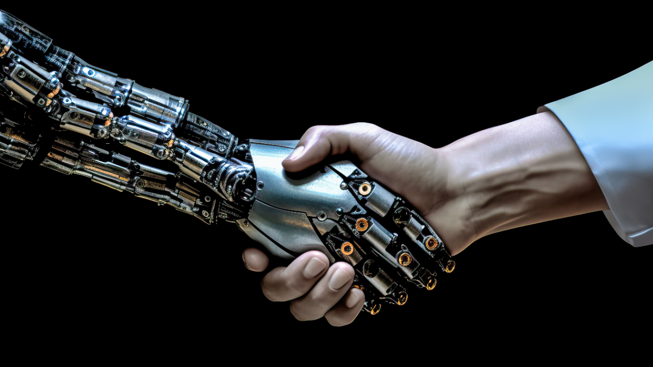 the transformative power of ai & cybersecurity - hand shaking an artificial machine hand