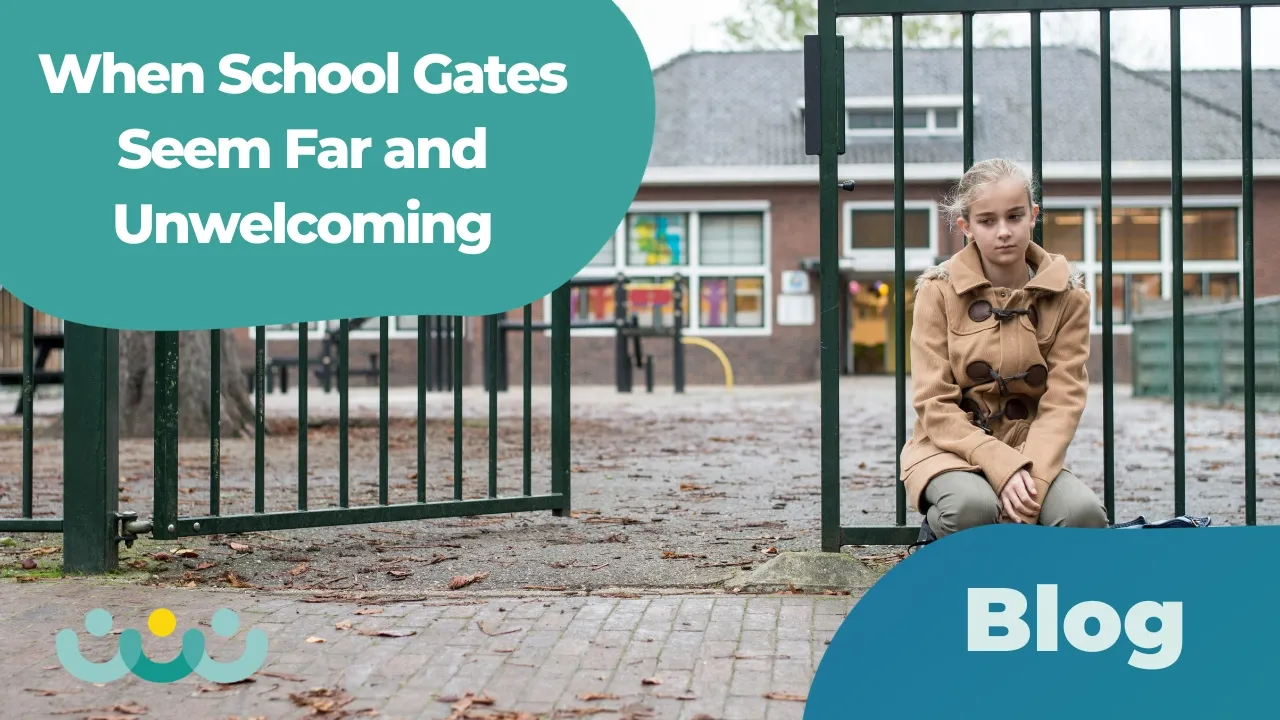 Daunting school gates with sad child experiencing EBSA