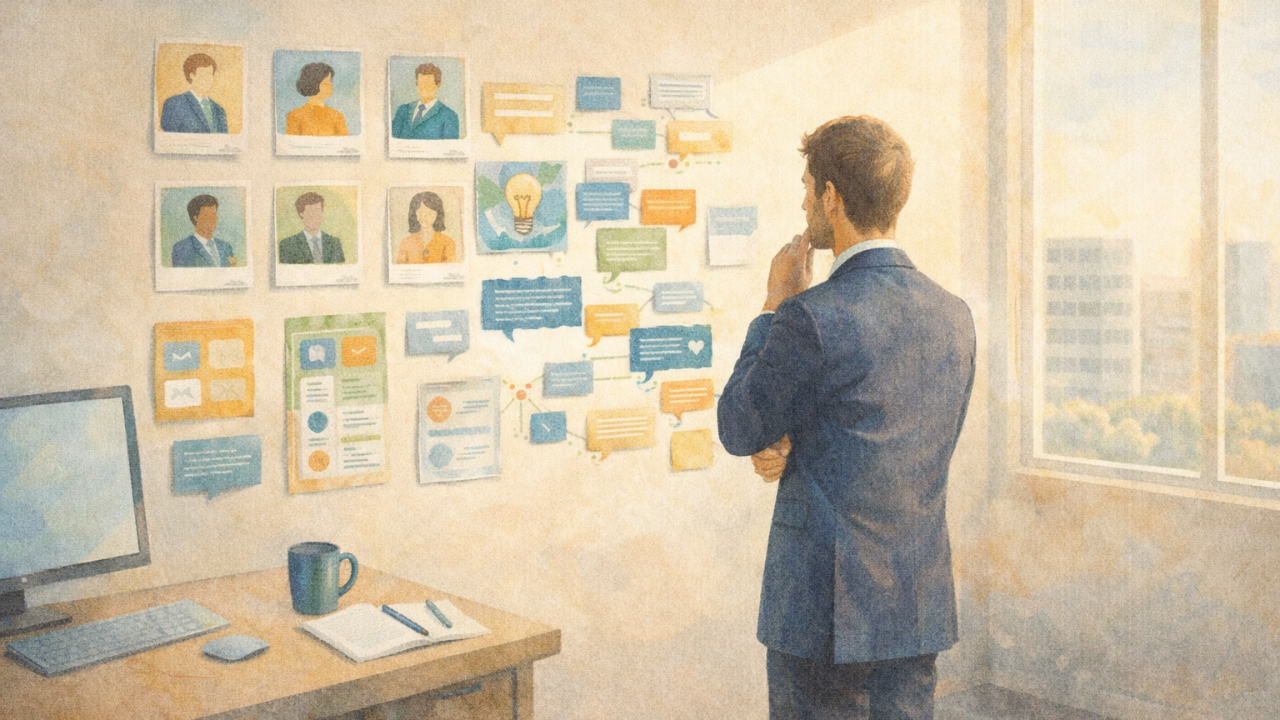 Watercolor-style illustration of a business professional reviewing a strategic wall of profile cards, topic clusters, and conversation paths in a modern office, representing a LinkedIn commenting strategy built around intentional visibility, thought leadership, and consistent engagement rather than random scrolling.