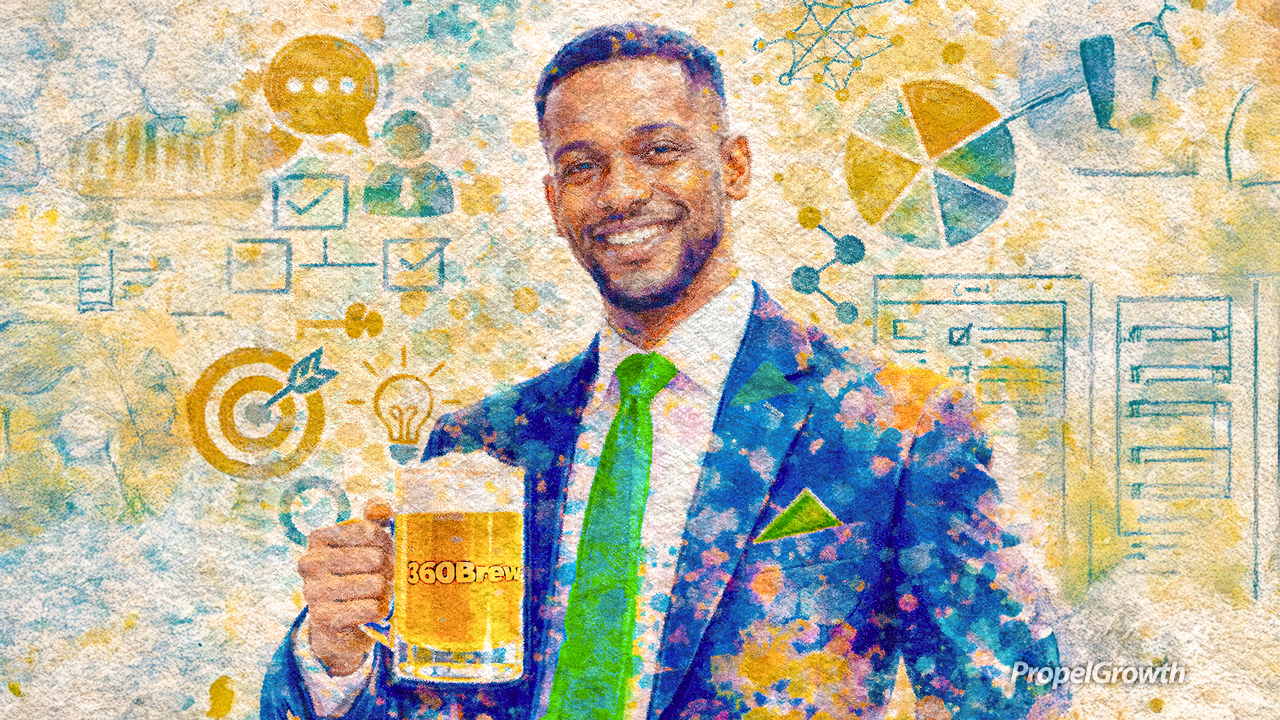 Watercolor-style illustration of a smiling business professional in a suit holding a mug labeled “360Brew,” surrounded by abstract charts, icons, and diagrams that suggest strategy, analysis, and thoughtful engagement rather than raw activity.