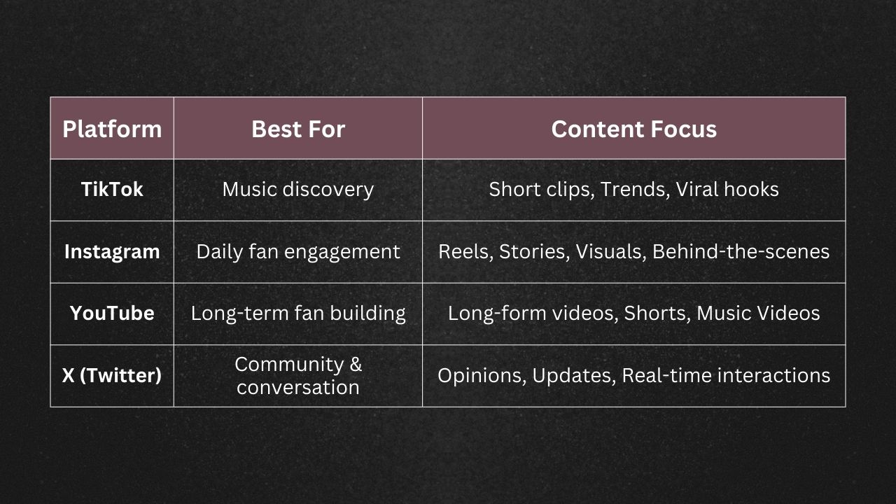 Table showing which platform is best for which type of content