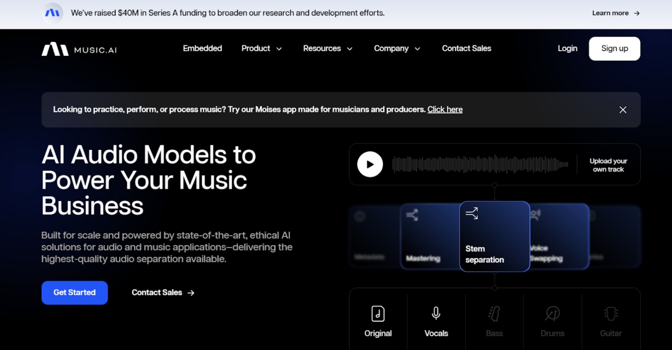 Homepage of Music.AI showcasing AI audio tools for music businesses, featuring stem separation, mastering, and voice swapping