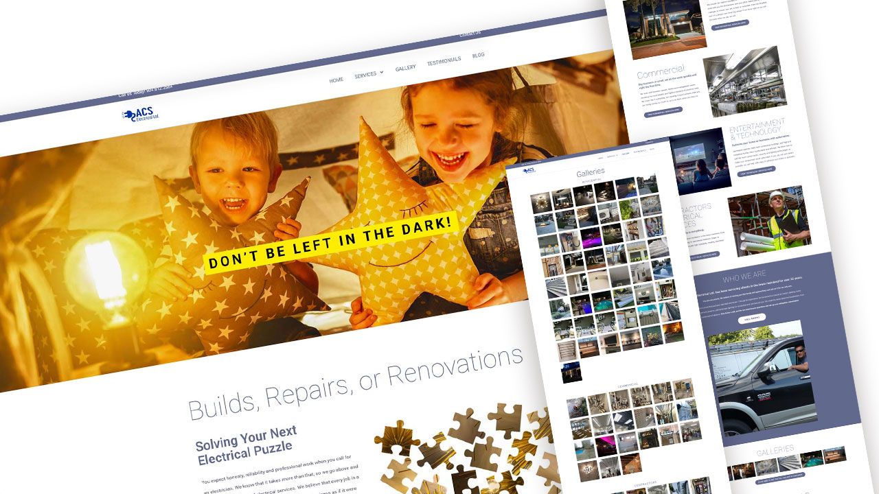 Website redesign for ACS Electrical showing the new modern homepage with hero banner, service sections, and image gallery layouts created in WordPress using Elementor.