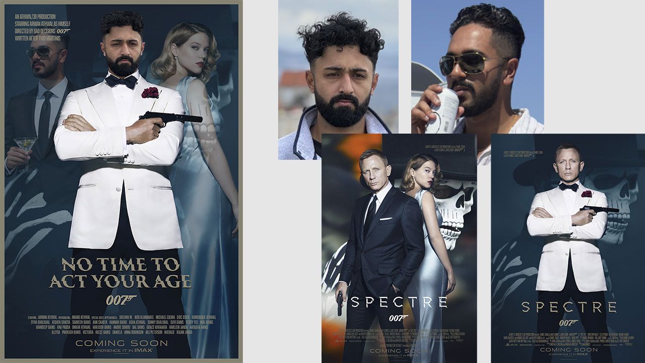 Final birthday poster on the left with a cinematic portrait, and four source photos on the right showing the original images used to create the composite in Photoshop.