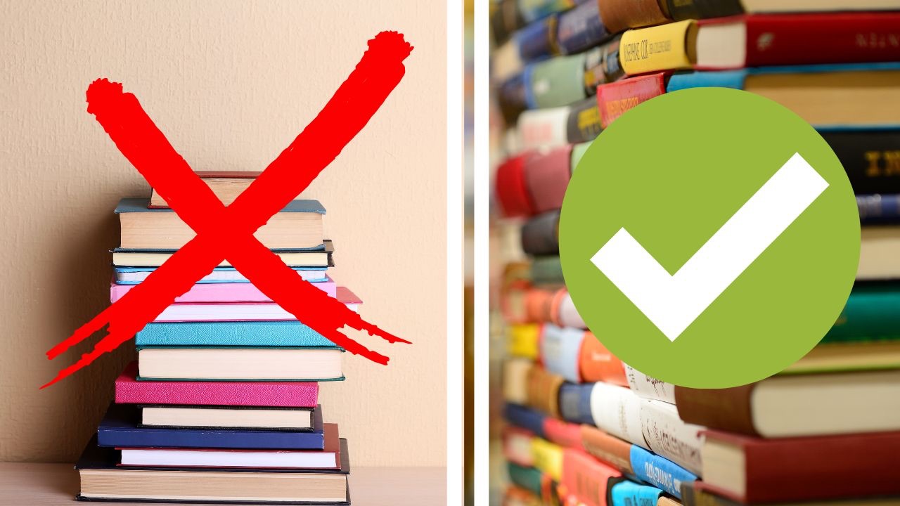 On the left is a stack of books with a red X and on the right is a stack of books with a green check mark. 