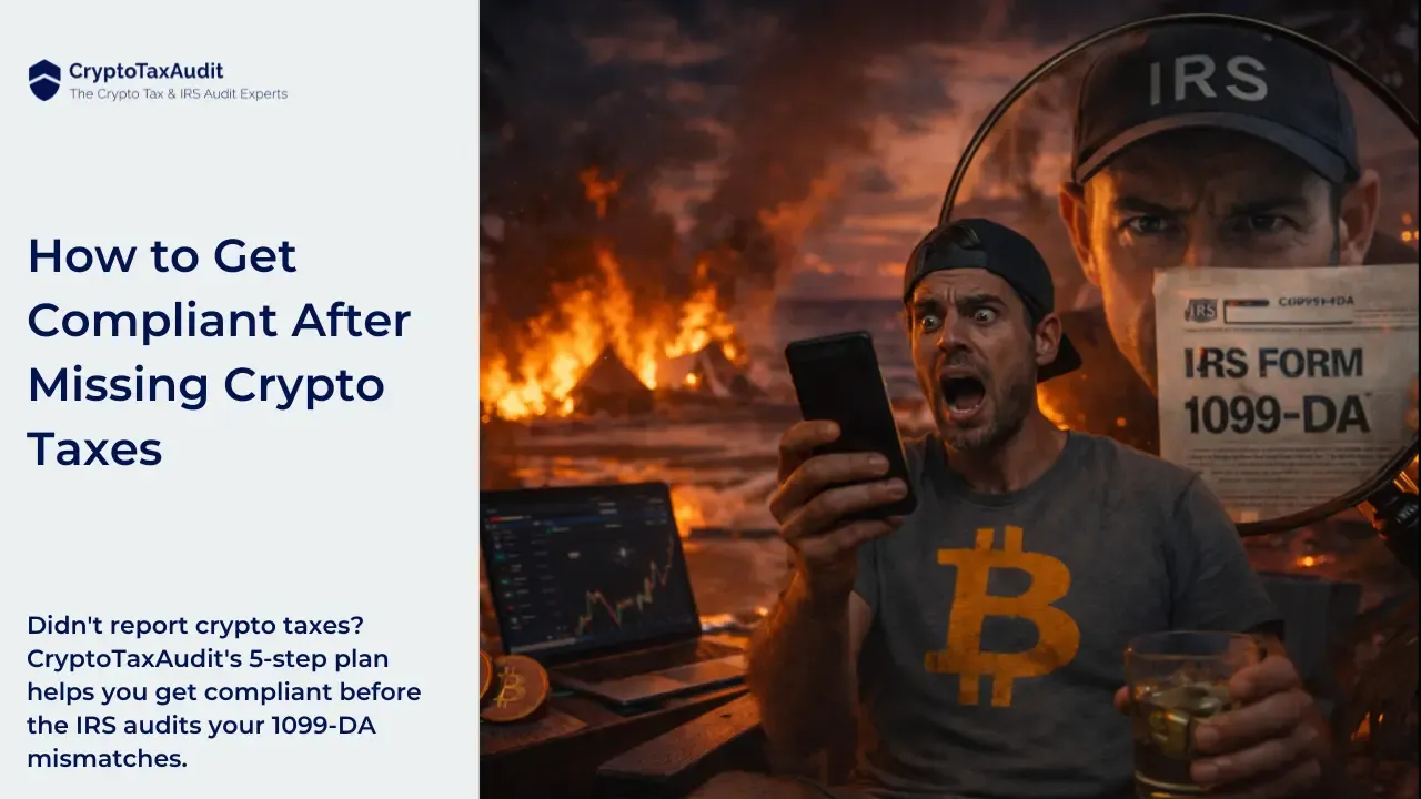 Promotional image for CryptoTaxAudit showing a panicked crypto trader holding a phone while fires burn behind him. A large magnifying glass reveals an IRS agent holding IRS Form 1099-DA. Text on the image reads: “How to Get Compliant After Missing Crypto Taxes. Didn’t report crypto taxes? CryptoTaxAudit’s 5-step plan helps you get compliant before the IRS audits your 1099-DA mismatches.”