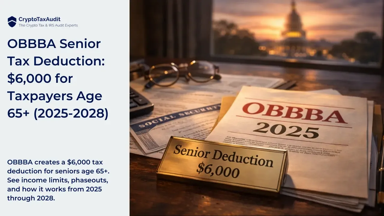 Graphic from CryptoTaxAudit promoting the OBBBA Senior Tax Deduction. Left side shows the CryptoTaxAudit logo and headline text reading: “OBBBA Senior Tax Deduction: $6,000 for Taxpayers Age 65+ (2025–2028).” Below it says: “OBBBA creates a $6,000 tax deduction for seniors age 65+. See income limits, phaseouts, and how it works from 2025 through 2028.”  Right side shows a warmly lit desk with tax documents labeled “OBBBA 2025,” a gold nameplate reading “Senior Deduction $6,000,” a Social Security document, glasses, and a calculator. The U.S. Capitol is visible blurred in the background at sunset.