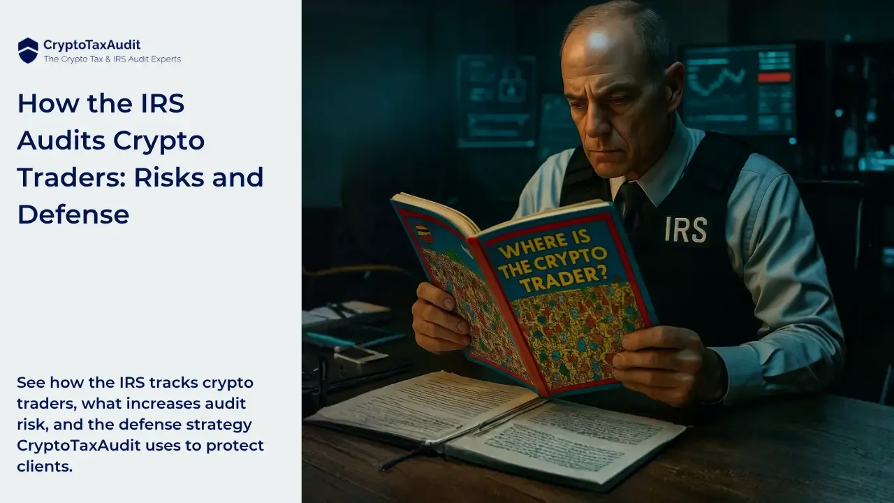 CryptoTaxAudit The Crypto Tax & IRS Audit Experts. How the IRS Audits Crypto Traders: Risks and Defense. See how the IRS tracks crypto traders, what increases audit risk, and the defense strategy CryptoTaxAudit uses to protect clients. Image of a serious IRS agent sitting at a desk reviewing documents while reading a book titled “Where is the Crypto Trader?” with screens in the background showing financial data and security icons, representing crypto tracking and audit surveillance.