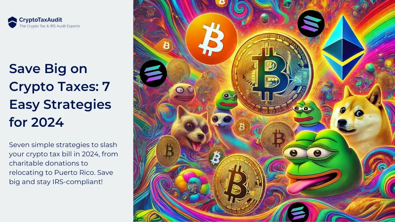 Colorful, psychedelic-themed illustration with vibrant swirls of colors, featuring popular cryptocurrency symbols like Bitcoin, Ethereum, and Solana. The image includes meme characters such as Doge, Pepe the Frog, and other playful creatures, creating a lighthearted, humorous vibe. The title reads 'Save Big on Crypto Taxes: 7 Easy Strategies for 2024,' with a subheading mentioning strategies like charitable donations and relocating to Puerto Rico for significant tax savings. The CryptoTaxAudit logo is in the top left corner, promoting their expertise in crypto tax and IRS audits.