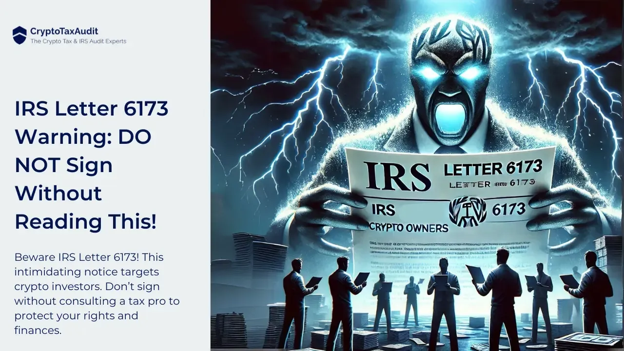 The image is a compelling and dramatic portrayal of the caution needed when dealing with IRS Letter 6173, as advised by "CryptoTaxAudit." The scene features a towering, menacing figure highlighted in an electrified, stormy background, holding an IRS letter marked "6173" directed at crypto owners. The image's headline, "IRS Letter 6173 Warning: DO NOT Sign Without Reading This!" is prominently displayed at the top, emphasizing the critical message. Below, additional text warns, "Beware IRS Letter 6173! This intimidating notice targets crypto investors. Don’t sign without consulting a tax pro to protect your rights and finances." The setting conveys a strong visual metaphor for the stress and urgency that the letter might evoke in recipients, encouraging them to seek professional advice before proceeding.