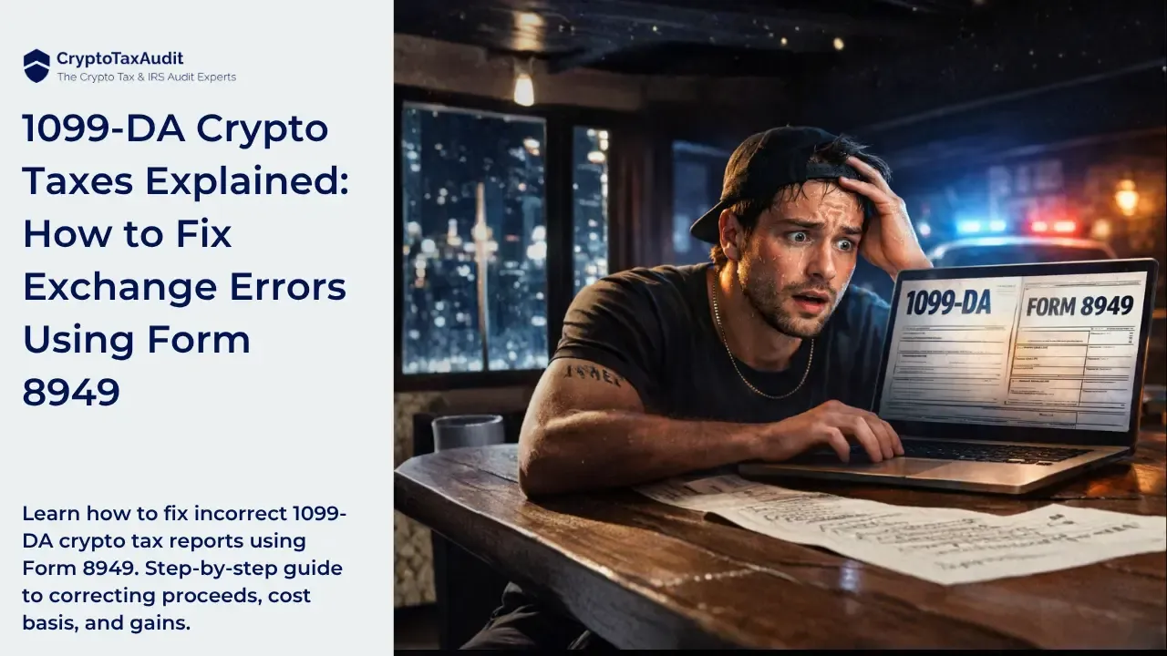 Promotional image for CryptoTaxAudit. On the left, a light panel shows the CryptoTaxAudit logo and the text: '1099-DA Crypto Taxes Explained: How to Fix Exchange Errors Using Form 8949.' Below it reads: 'Learn how to fix incorrect 1099-DA crypto tax reports using Form 8949. Step-by-step guide to correcting proceeds, cost basis, and gains.' On the right, a worried man sits at a desk at night looking at a laptop displaying forms labeled '1099-DA' and 'Form 8949,' with police lights visible through a window behind him, suggesting stress or urgency around tax reporting.