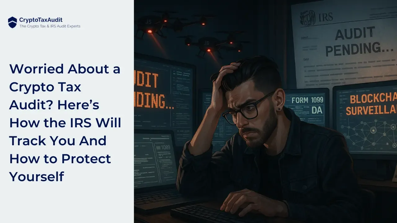 Split-screen image with a tense, high-surveillance tone. On the left, bold text reads: “Worried About a Crypto Tax Audit? Here’s How the IRS Will Track You—And How to Protect Yourself.” On the right, a worried man in glasses sits at a desk surrounded by computer screens displaying terms like “AUDIT PENDING…,” “BLOCKCHAIN SURVEILLANCE,” and “FORM 1099-DA.” Above him, red-eyed drones hover in the background. The dimly lit setting and intense expressions convey fear of IRS scrutiny and advanced crypto tracking methods.