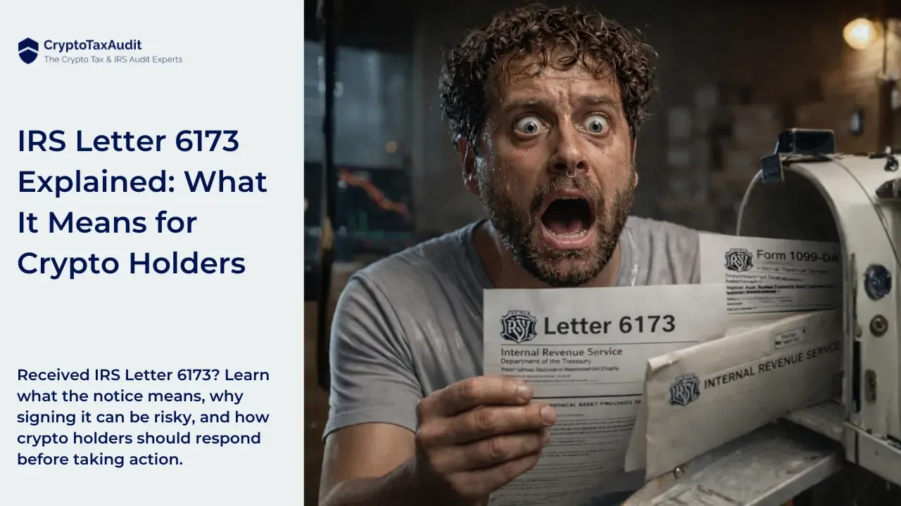 IRS Letter 6173 Explained: What It Means for Crypto Holders. Received IRS Letter 6173? Learn what the notice means, why signing it can be risky, and how crypto holders should respond before taking action. The image shows a sweaty, visibly panicked man sitting indoors under dramatic lighting, staring wide-eyed at a letter labeled “Letter 6173” from the Internal Revenue Service. His mouth is open in shock as he holds the letter with trembling hands. In front of him is an open mailbox filled with official IRS envelopes, including one marked “Form 1099-DA,” suggesting mounting tax pressure. The scene is cinematic and tense, visually representing fear and anxiety after receiving an IRS crypto tax notice.