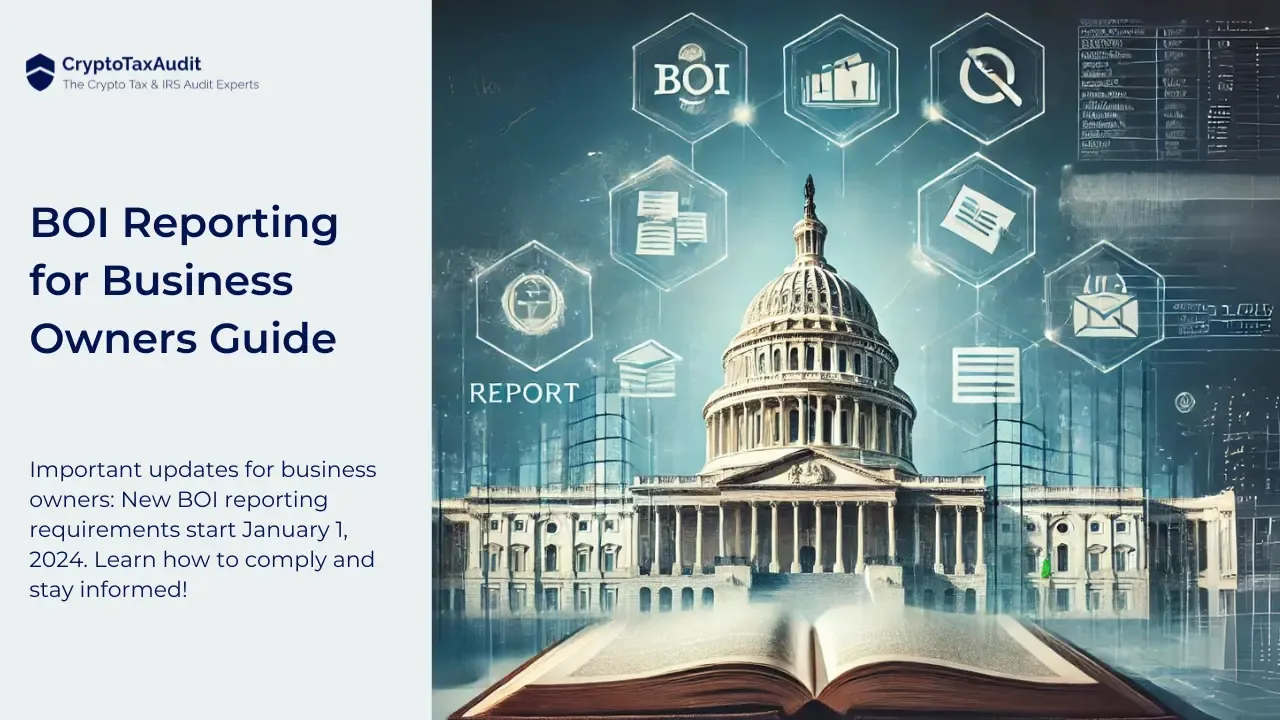 Promotional image for 'BOI Reporting for Business Owners Guide' by CryptoTaxAudit. The image features a futuristic blend of the U.S. Capitol building and digital elements. Floating holographic icons display various business and finance symbols such as graphs and documents, overlaid on a background of a large open book and a cityscape. The left side contains the title and a brief description: 'Important updates for business owners: New BOI reporting requirements start January 1, 2024. Learn how to comply and stay informed!' The company's logo is at the top left corner.