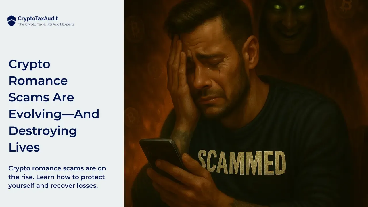 Split-screen image with a warning theme. On the left, bold text reads: “Crypto Romance Scams Are Evolving—And Destroying Lives,” followed by smaller text: “Crypto romance scams are on the rise. Learn how to protect yourself and recover losses.” On the right, a distressed man sits with his head in his hand, tears on his face, staring at his phone; his shirt reads “SCAMMED.” Behind him, a sinister hooded figure with glowing green eyes looms in the shadows, symbolizing the hidden predators behind crypto romance scams. Floating Bitcoin symbols reinforce the crypto context.