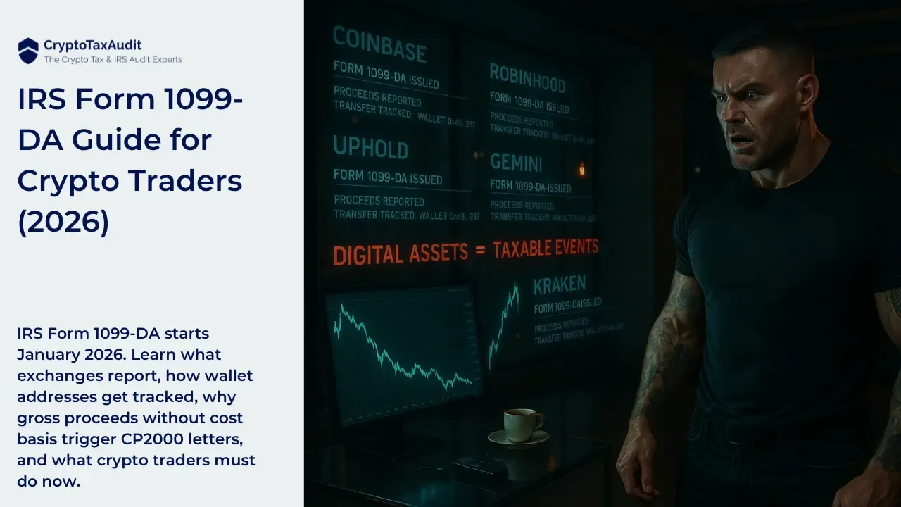 CryptoTaxAudit branded graphic. Left panel text reads: “IRS Form 1099-DA Guide for Crypto Traders (2026). IRS Form 1099-DA starts January 2026. Learn what exchanges report, how wallet addresses get tracked, why gross proceeds without cost basis trigger CP2000 letters, and what crypto traders must do now.”  Right side shows a muscular man standing in front of digital screens listing exchanges: “Coinbase,” “Robinhood,” “Uphold,” “Gemini,” and “Kraken,” each labeled “Form 1099-DA issued,” “Proceeds reported,” and “Transfer tracked.” A large line reads “Digital assets = taxable events.” A downward crypto price chart and a coffee cup are visible on a desk.