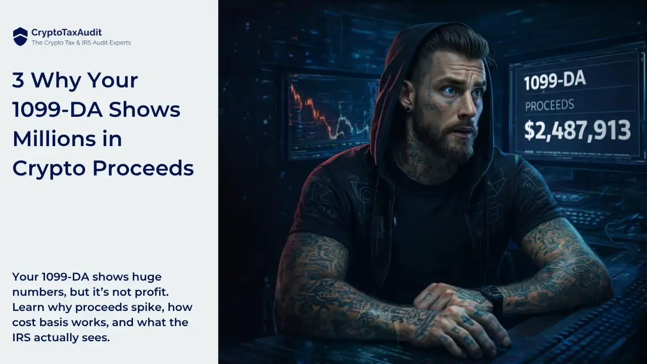 CryptoTaxAudit graphic showing the title “3 Why Your 1099-DA Shows Millions in Crypto Proceeds.” On the right, a tattooed man in a hoodie looks shocked at a computer screen displaying “1099-DA Proceeds $2,487,913.” Background includes trading charts and a dark workspace. The image illustrates how crypto trading activity can create large proceeds totals that do not reflect actual profit.