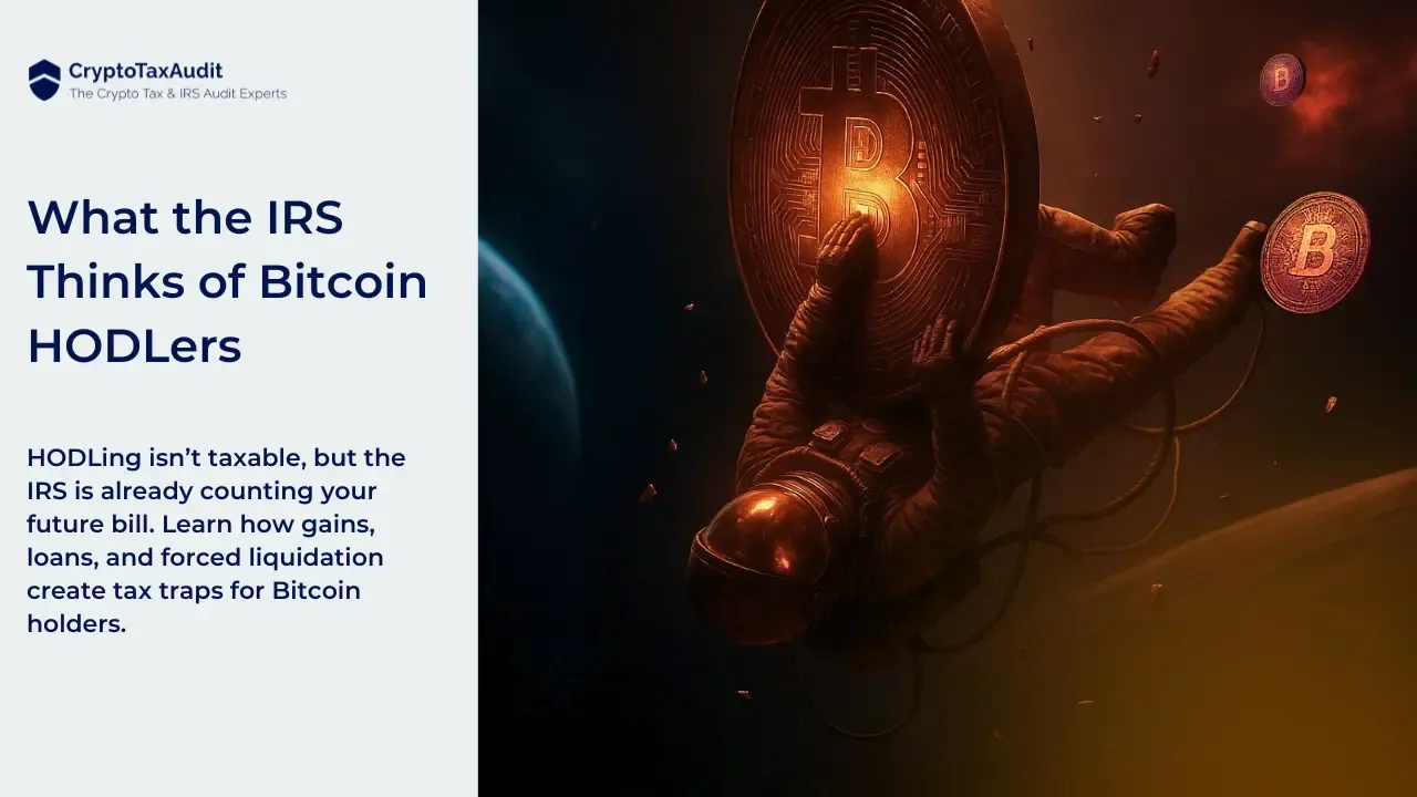 Graphic for a CryptoTaxAudit article. On the left, large blue text reads: ‘What the IRS Thinks of Bitcoin HODLers.’ Below it, smaller text says: ‘HODLing isn’t taxable, but the IRS is already counting your future bill. Learn how gains, loans, and forced liquidation create tax traps for Bitcoin holders.’ On the right, an illustration shows an astronaut floating in space while holding a giant glowing Bitcoin coin, with smaller Bitcoin coins drifting around.