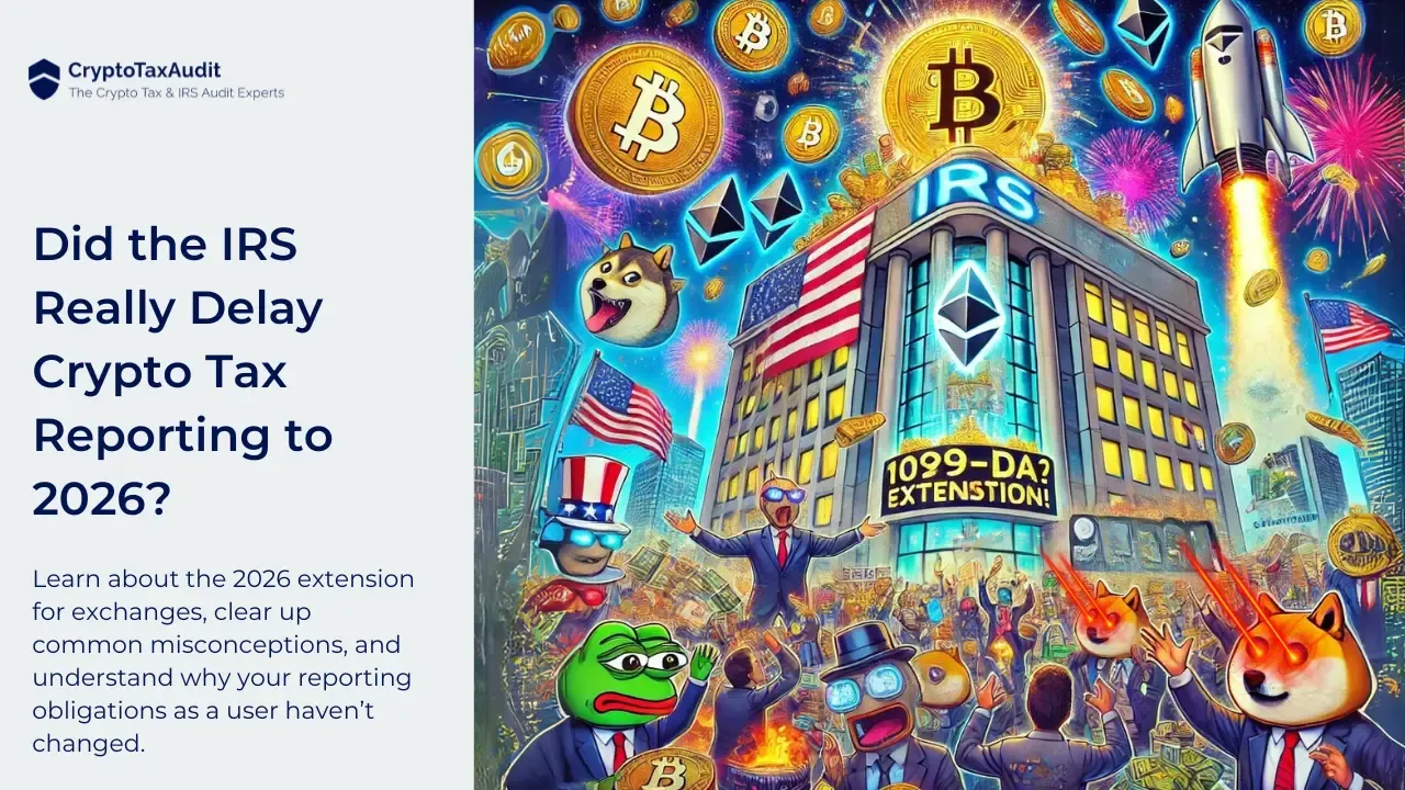 a vibrant and colorful depiction of a festive scene centered around the theme of cryptocurrency and IRS reporting. The top left corner features the logo of "CryptoTaxAudit" with the headline below stating "Did the IRS Really Delay Crypto Tax Reporting to 2026?" This is followed by a brief description: "Learn about the 2026 extension for exchanges, clear up common misconceptions, and understand why your reporting obligations as a user haven't changed." The scene includes iconic cryptocurrency symbols such as Bitcoin, Ethereum, and Dogecoin, illustrated with fireworks and festive imagery. The center of the image showcases a building marked with an IRS logo and a banner that reads "1099-DA? Extension!" Various characters, including a man dressed in Uncle Sam attire and popular meme figures like the Doge and Pepe the Frog, are celebrating, giving the graphic a humorous and engaging appeal.