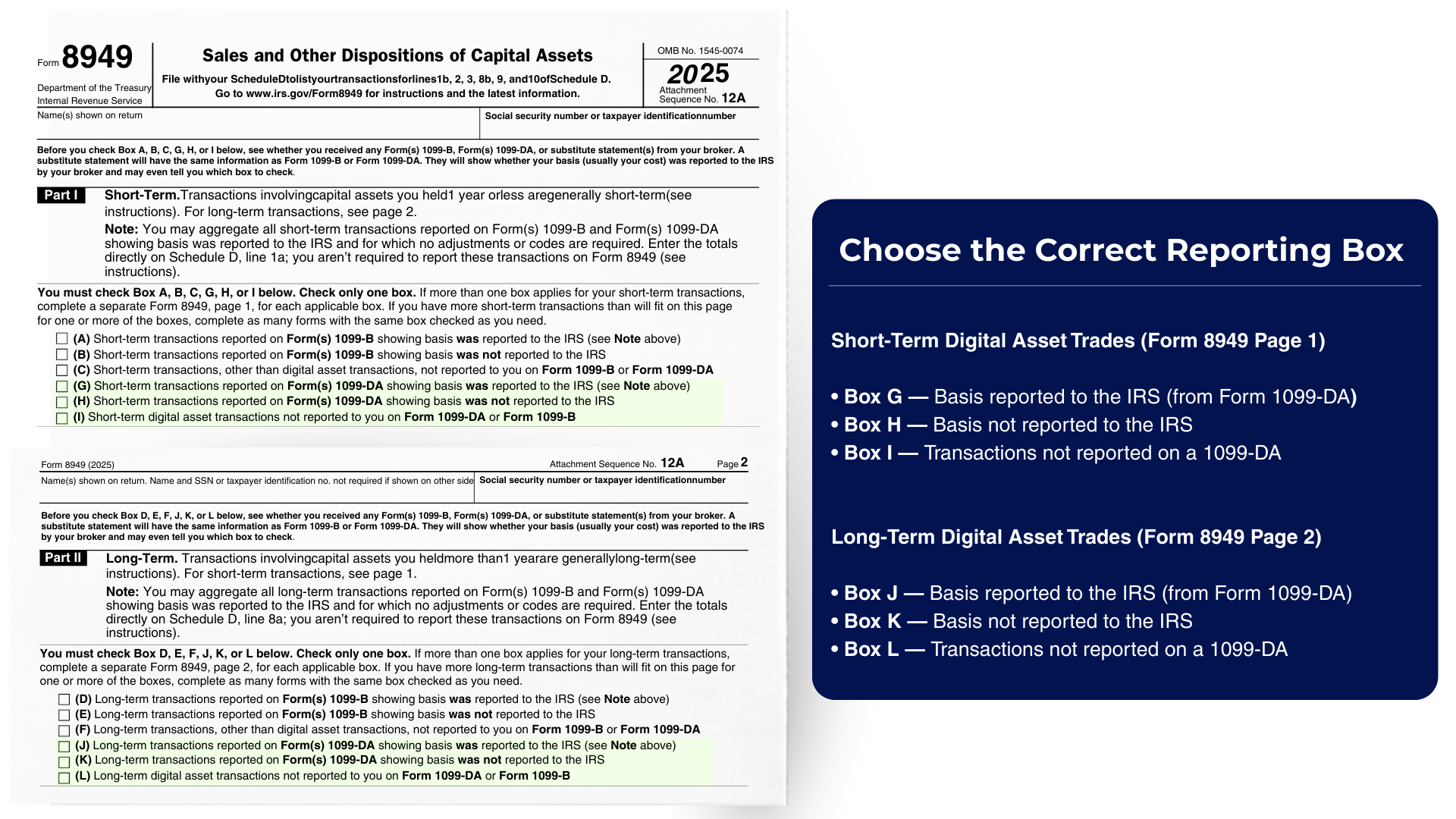 IRS Form 8949 showing digital asset reporting boxes G, H, I, J, K, and L used for reporting cryptocurrency transactions.