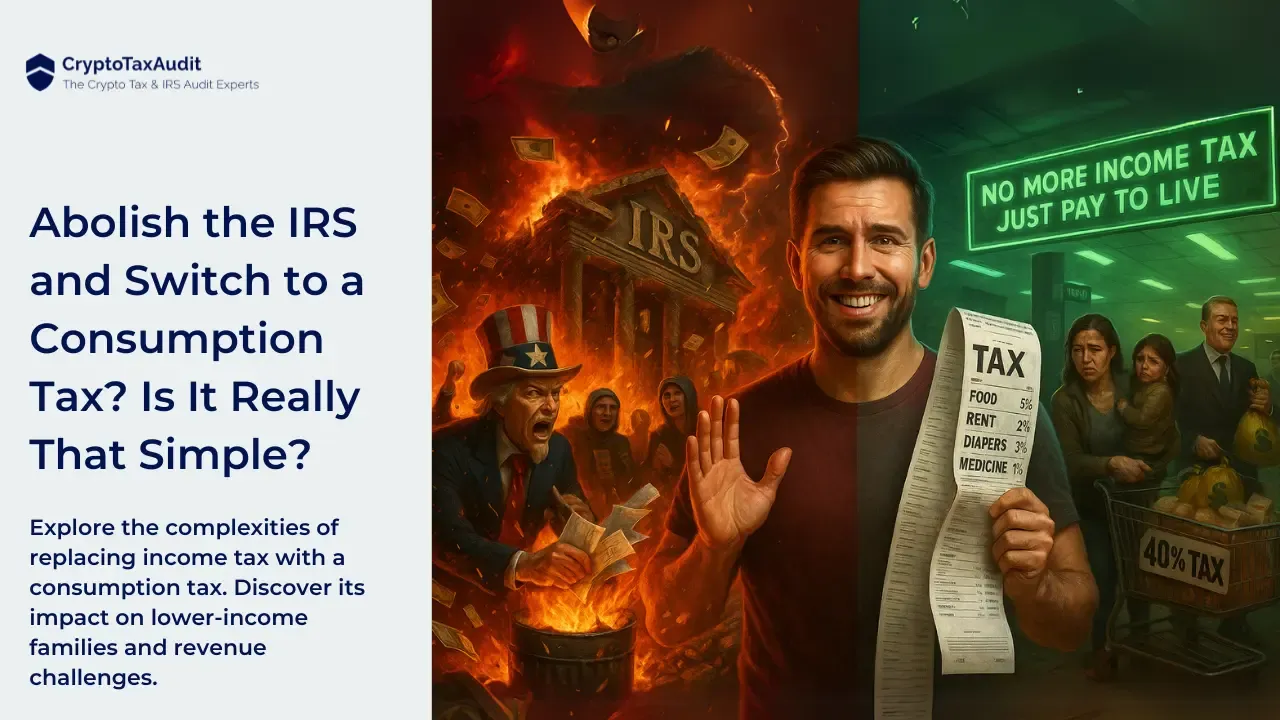 Split-screen image featuring a bold political theme. On the left, white text over a dark gray background reads: “Abolish the IRS and Switch to a Consumption Tax: Is It Really That Simple?” Below it, smaller text explains: “This video explores the realities of replacing the income tax with a flat sales tax—covering economic risks, impacts on low-income Americans, and why it’s not that simple.” The right side shows a dramatic, surreal scene with an IRS building on fire, a man in a suit holding a torch, and an American flag waving in the background. Protest signs and a cracked IRS logo emphasize the chaos and controversy surrounding the topic.
