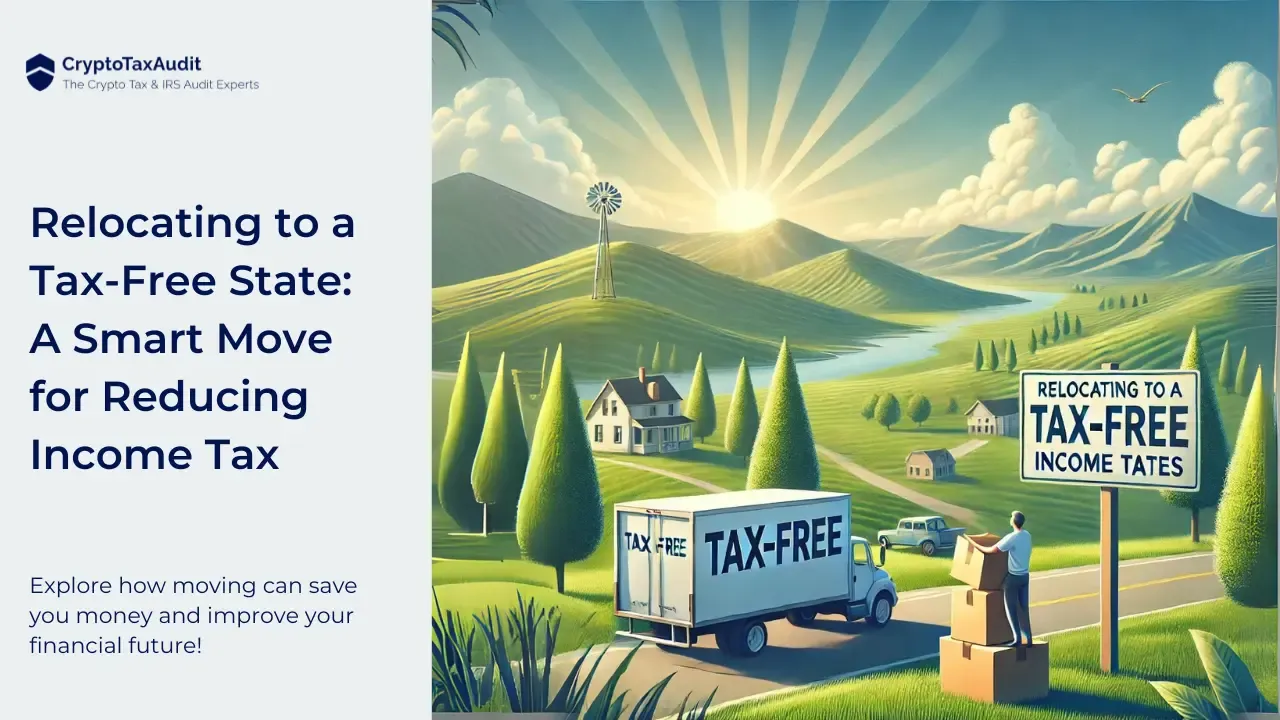 image for 'Relocating to a Tax-Free State: A Smart Move for Reducing Income Tax' by CryptoTaxAudit. The image depicts a serene, idyllic landscape with a moving truck labeled 'TAX-FREE' parked beside a house in a lush valley. The valley is surrounded by rolling hills and a river, under a bright sun radiating over the scene. A man is unpacking boxes next to the truck. A sign reading 'Relocating to a TAX-FREE income tates' stands by the roadside. The text above reads: 'Explore how moving can save you money and improve your financial future!' The company's logo is at the top left corner.
