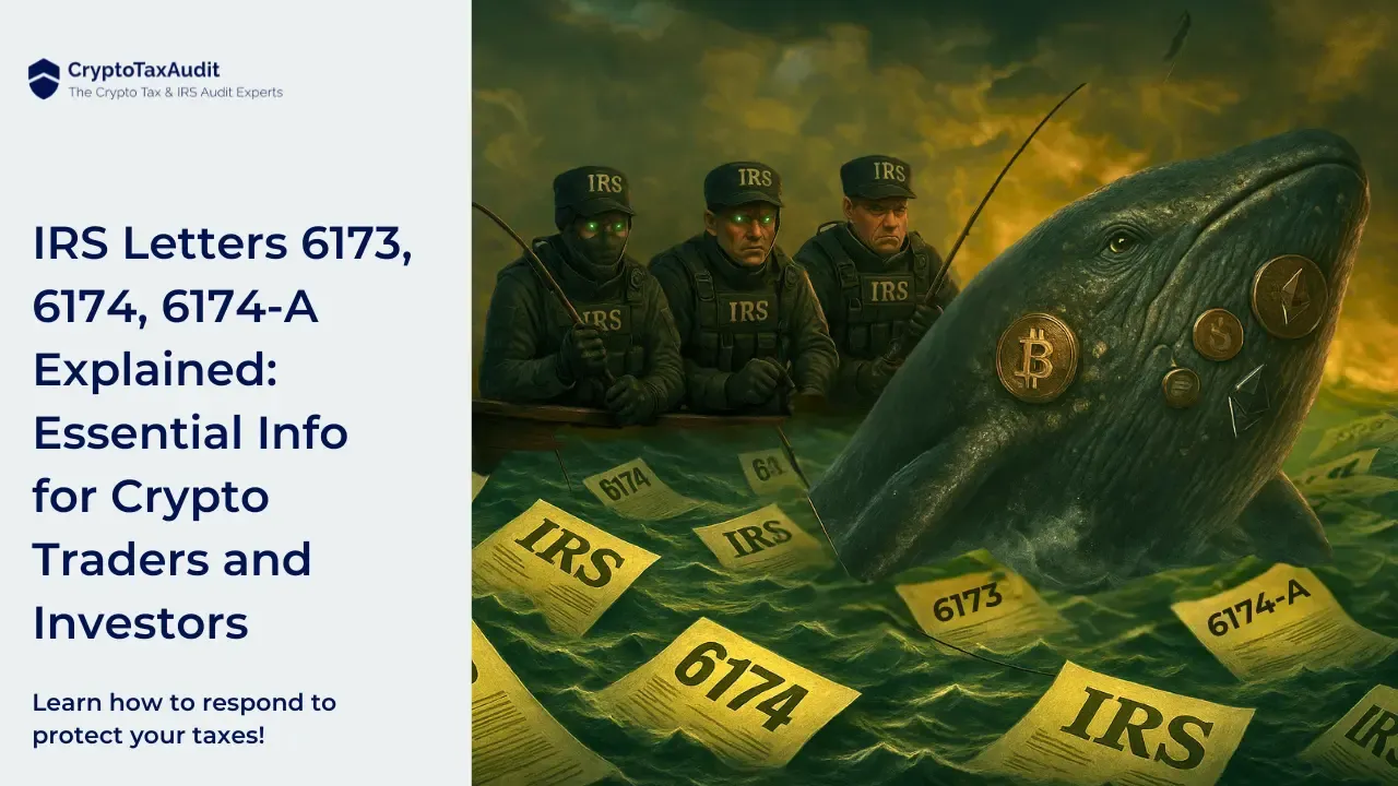 Split-screen image with a dark, intense theme. On the left, bold text reads: “IRS Letters 6173, 6174, 6174-A Explained: Essential Info for Crypto Traders and Investors,” followed by smaller text: “Learn how to respond to protect your taxes!” On the right, a dramatic scene shows three IRS agents in tactical gear fishing from a boat, their glowing eyes fixed on a massive crypto whale marked with Bitcoin, Ethereum, and dollar symbols. The water is filled with floating IRS letters labeled 6173, 6174, and 6174-A, symbolizing the IRS targeting large crypto holders.