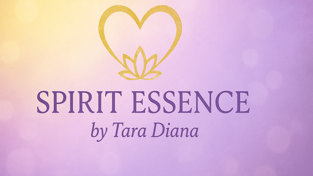 A soft purple and golden-yellow background with gentle bokeh light effects. Centered is a gold heart forming into a lotus symbol above the text ‘SPIRIT ESSENCE’ in bold purple lettering, with ‘by Tara Diana’ written beneath in script.