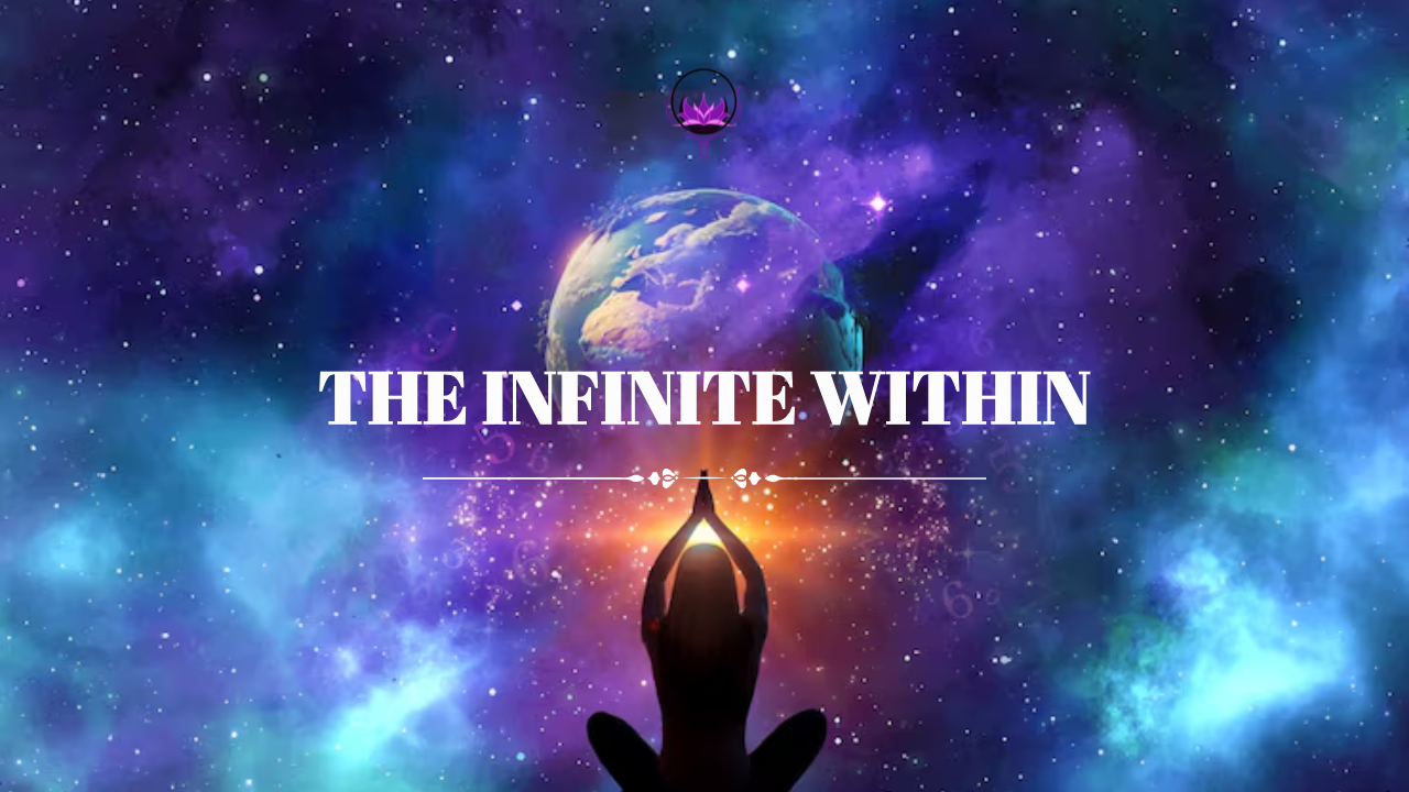 Silhouette of a person meditating before Earth surrounded by a vibrant cosmic galaxy with stars and nebulae, representing ‘The Infinite Within.