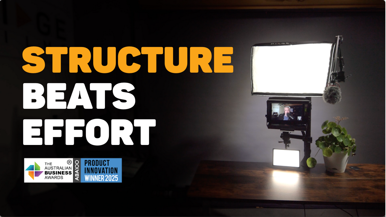 Professional desktop video studio setup with lighting and camera, featured in Ridge Films’ ABA100 Product Innovation Award win.