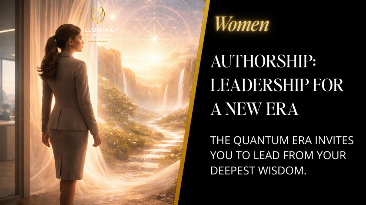 Woman leader gazing toward luminous future landscape - embodying the journey from achievement to authorship in quantum era leadership