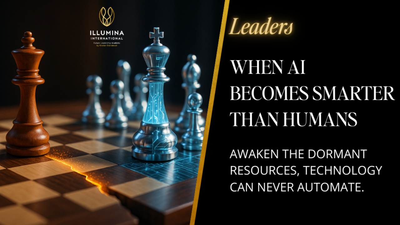 Chess board showing human wooden king facing AI digital chess pieces - visualization of AI replacing human leadership with 57% automation threat