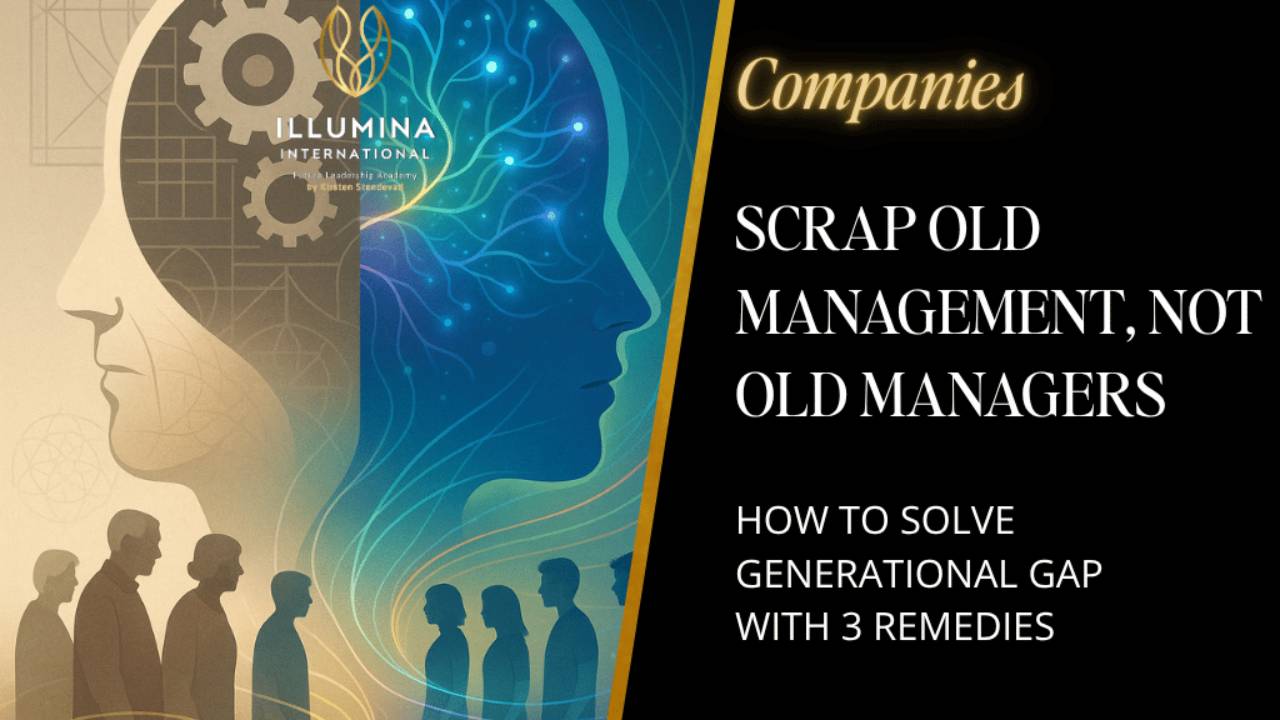 Illustration showing multiple generations of employees standing on the same elevated platform, symbolizing a shared upgraded management model that unites young and old.