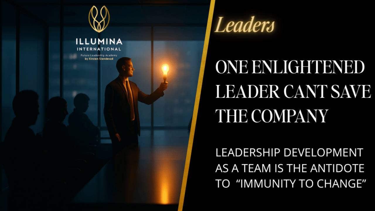 Illustration showing a single enlightened leader standing before a resistant leadership group, symbolizing why collective transformation is required for real change.