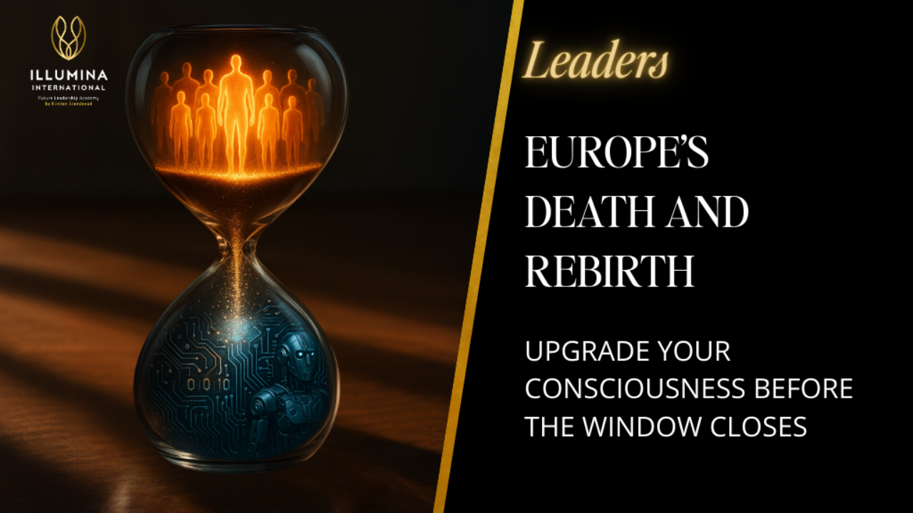 "Hourglass showing European leaders transforming from digital/AI bottom to consciousness-awakened top - Europe's death and rebirth visualization"