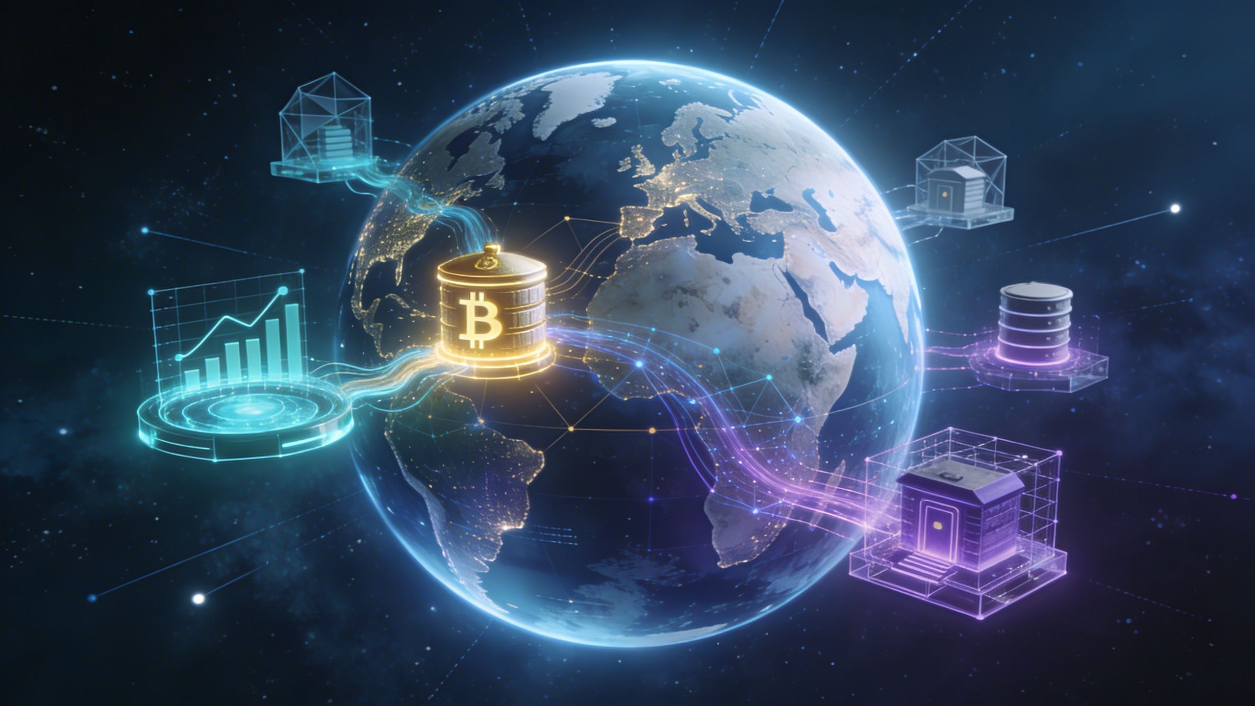 Conceptual illustration of global cryptocurrency influence showing Bitcoin, institutional capital flows, crypto infrastructure, and worldwide digital asset networks