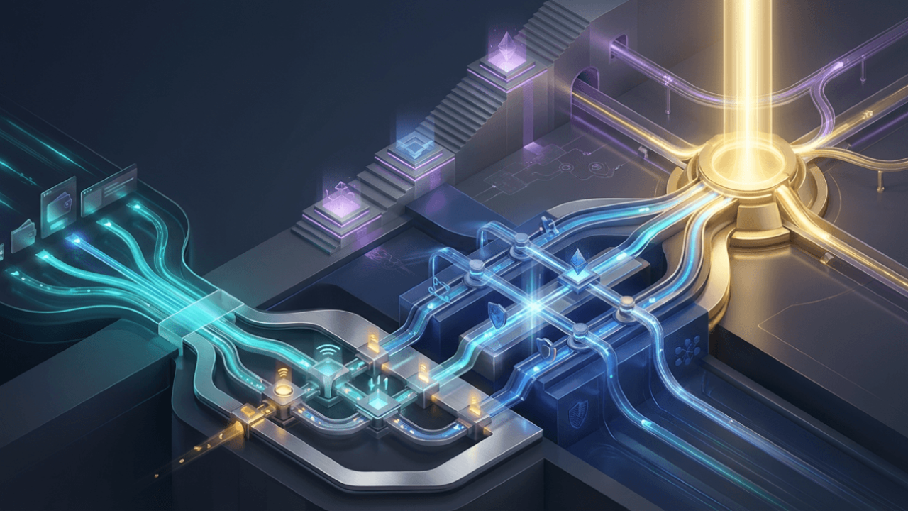 Illustration of Ethereum as programmable blockchain infrastructure, showing digital value and applications flowing through a smart contract network