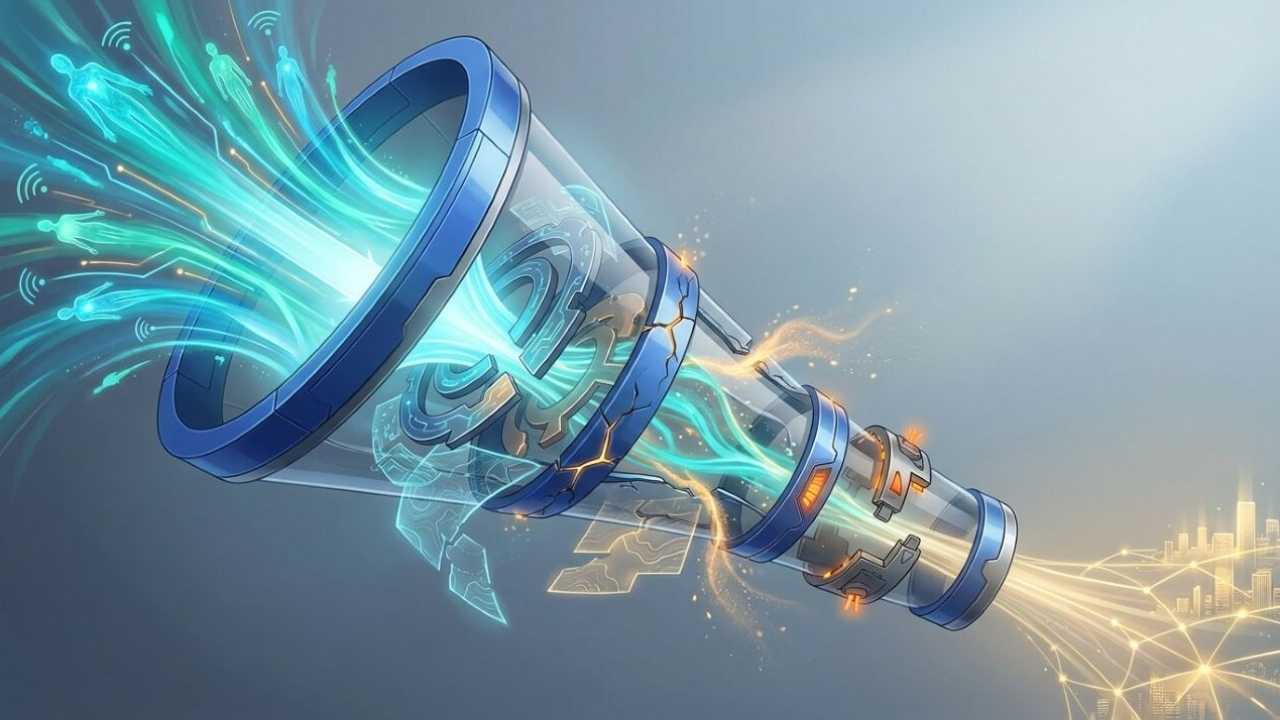 Illustration of decentralized finance (DeFi) showing financial services flowing through a broken central funnel into a blockchain-based peer-to-peer network