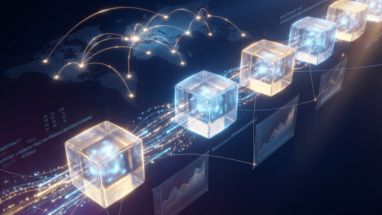 Illustration of how blockchain works, showing connected data blocks, global network activity, and digital transaction flows across a distributed ledger
