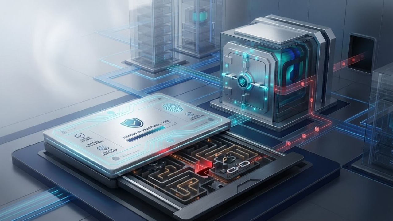 Illustration of the Bybit hack showing compromised crypto wallet infrastructure, digital transaction pathways, and exchange security failure