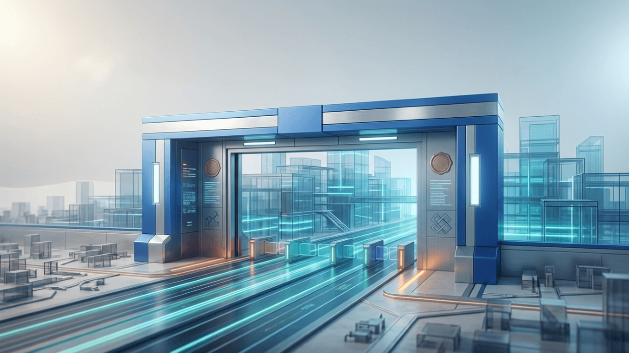 Illustration of a corporate gateway into blockchain knowledge, representing businesses adopting crypto training and digital asset education