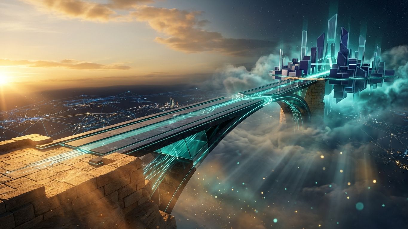 Photorealistic bridge connecting the physical world to blockchain infrastructure, representing how oracles deliver real-world data to smart contracts