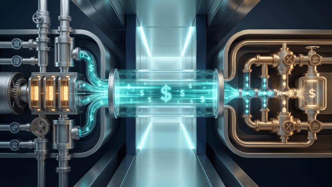 Illustration of how stablecoin payments move money, showing digital dollars flowing through blockchain rails between traditional finance systems