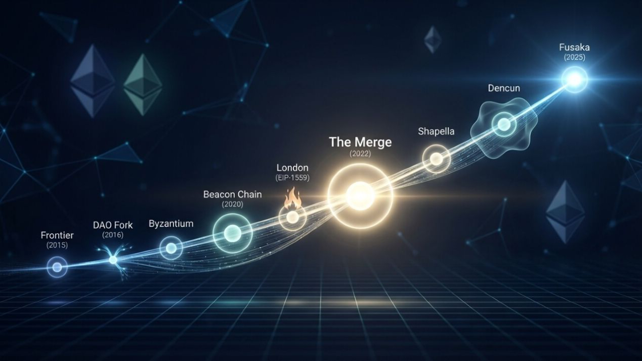Timeline visualization showing Ethereum's evolution from its 2015 Frontier launch through the 2025 Fusaka upgrade