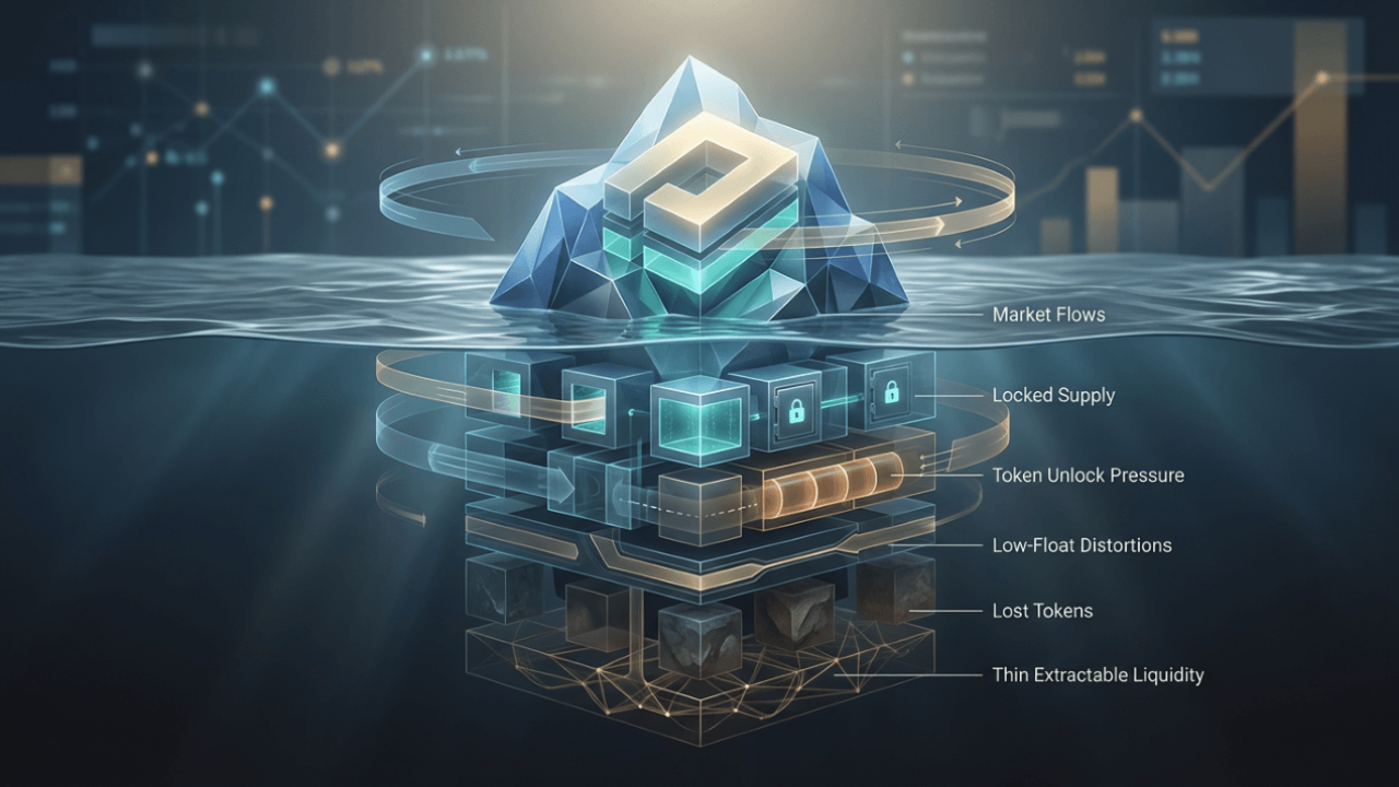 Illustration explaining crypto market cap, showing circulating supply, locked tokens, token unlock pressure, liquidity, and market flows affecting valuation