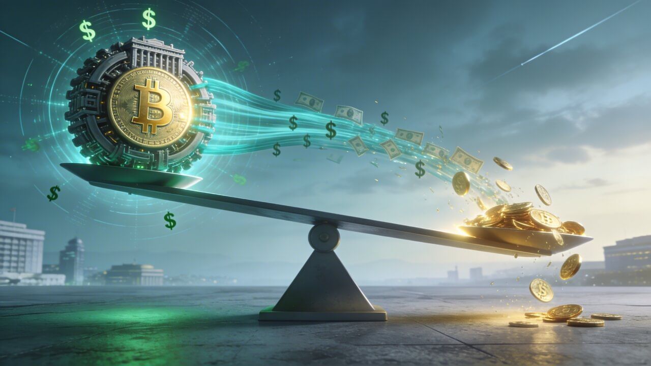 Illustration of the Iran war paradox in crypto, showing Bitcoin, fiat money, and market value shifting on a balance scale during geopolitical uncertainty