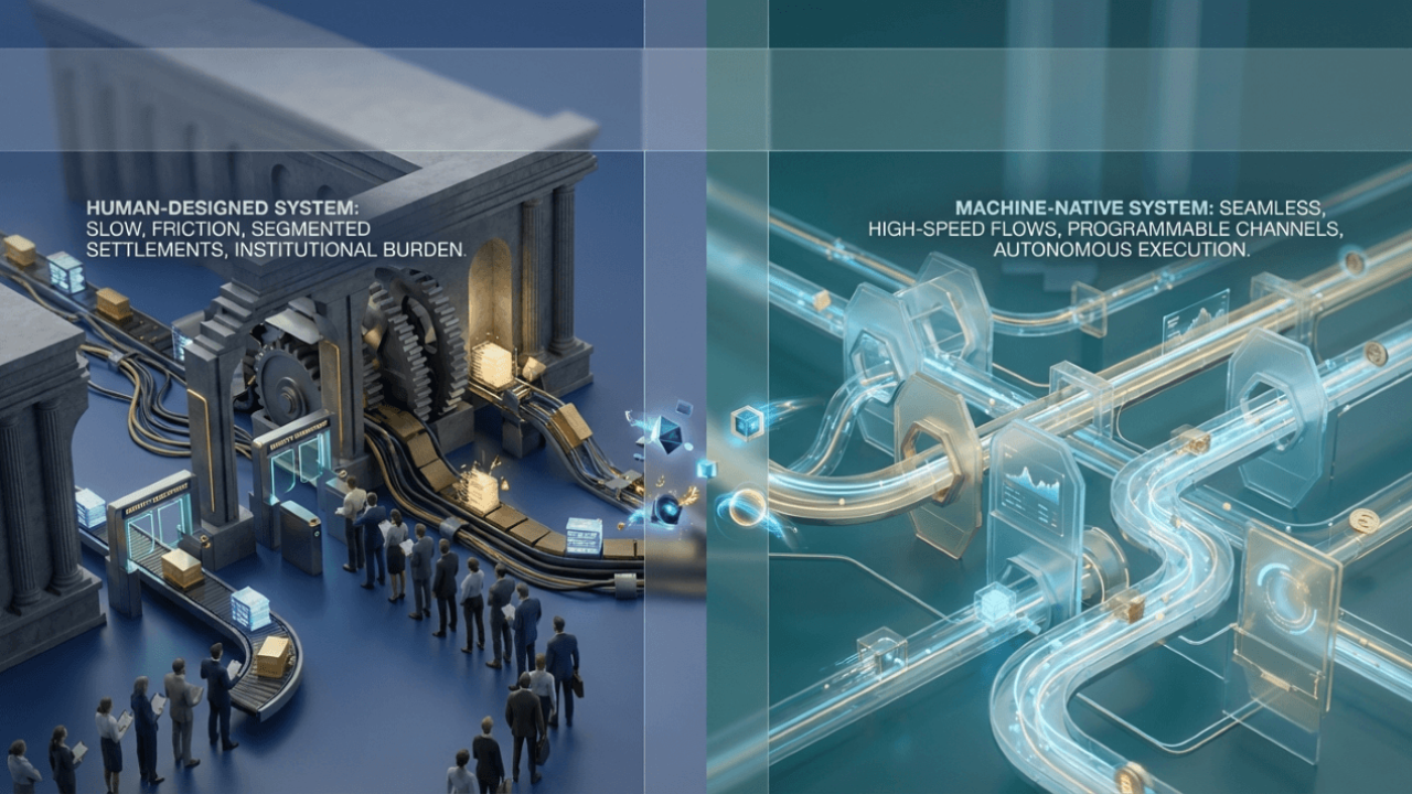 Illustration showing why AI needs crypto, contrasting slow human-designed financial systems with machine-native blockchain rails for automated digital payments and execution