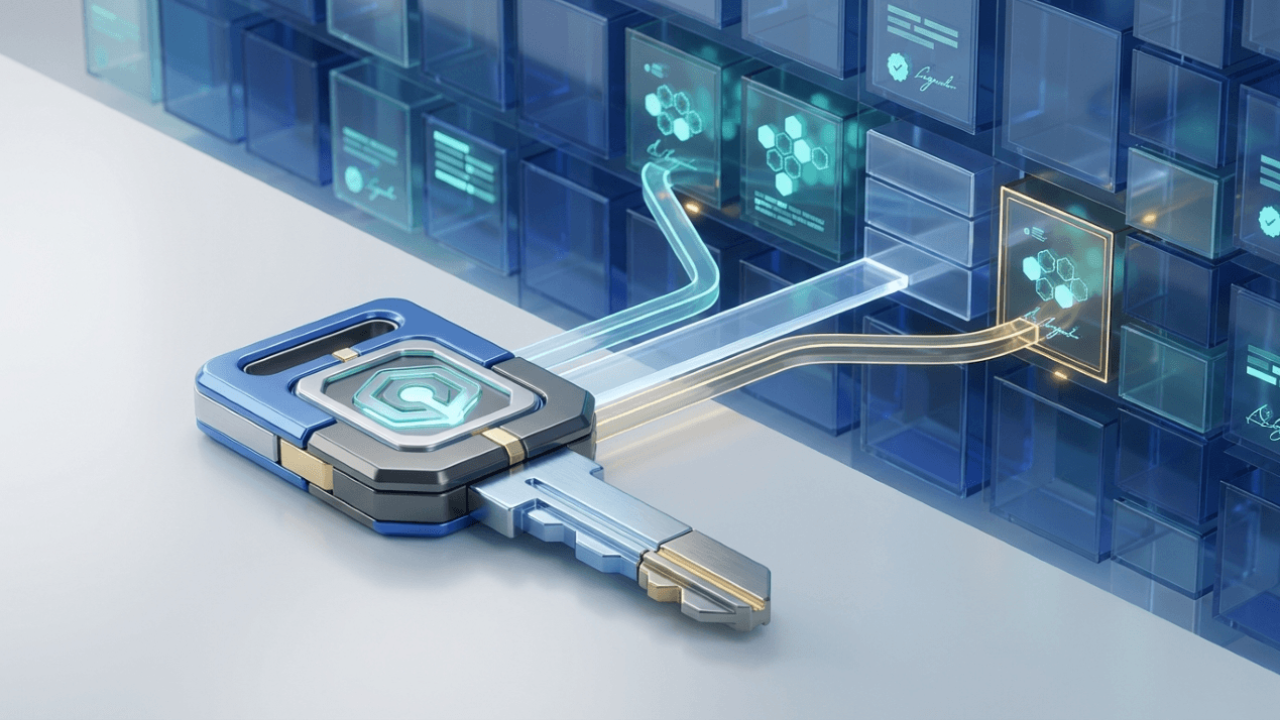 Illustration of a crypto wallet as a digital key, showing secure access to blockchain assets, ownership records, and on-chain transactions