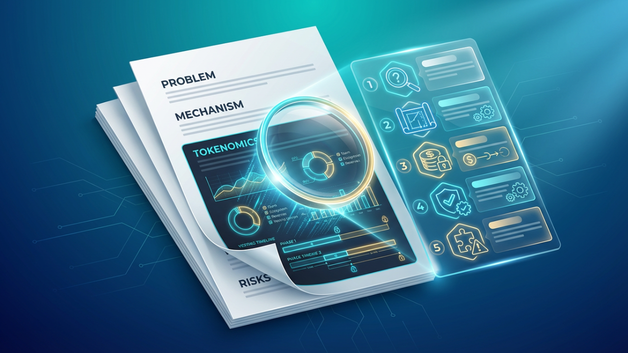 Illustration of a crypto whitepaper being analyzed with a magnifying glass highlighting tokenomics charts, alongside a five-step evaluation checklist framework for reading blockchain project whitepapers