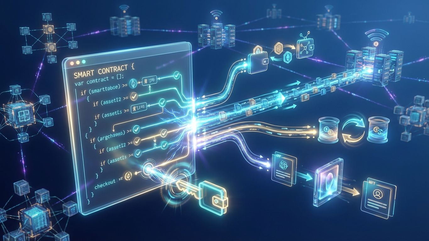 Conceptual illustration of a blockchain smart contract executing automatically, showing digital code triggering token transfers and DeFi transactions across a decentralized network